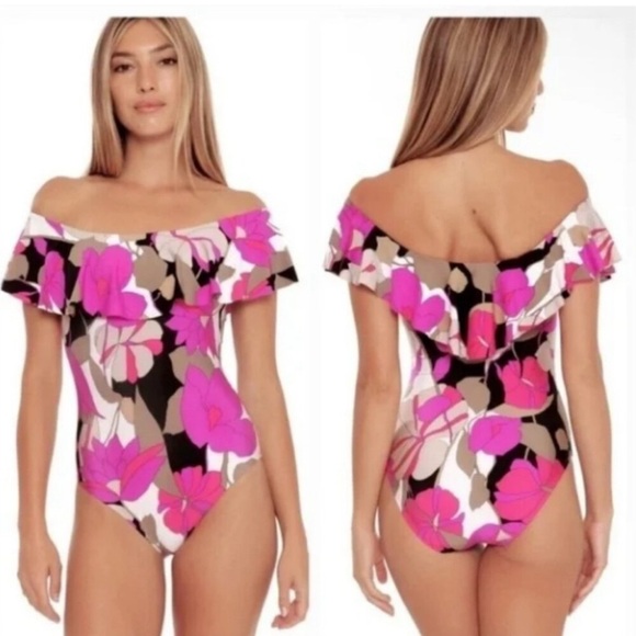 Trina Turk Lynx Gemini Floral Pink‎ Ruffle Off the Shoulder One Piece NWT - Picture 1 of 8